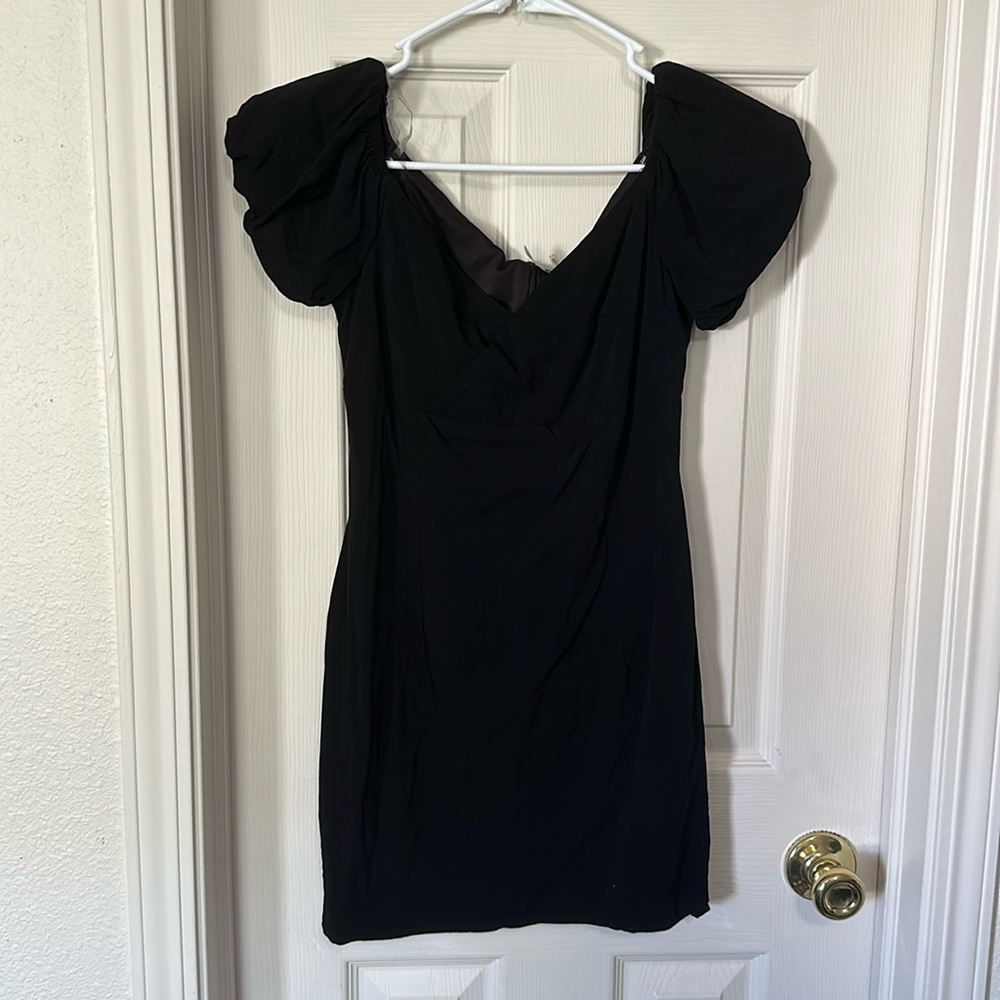 Blue Blush little black mini dress with puff sleeve shoulders
